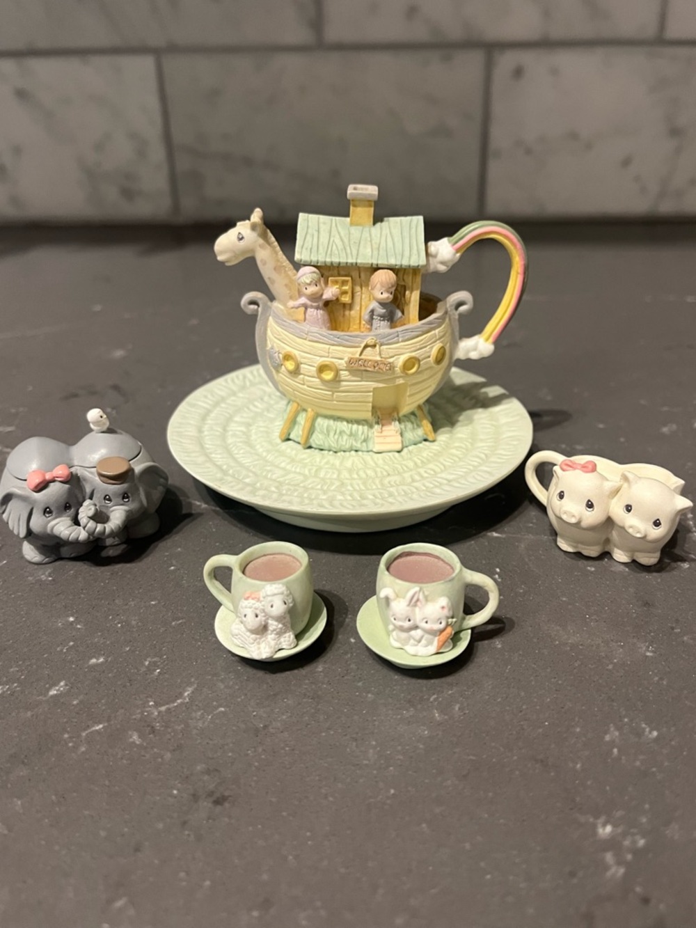1996 Precious Moments Noah’s Ark Mini Tea Set Teapot + Accessories #698875
